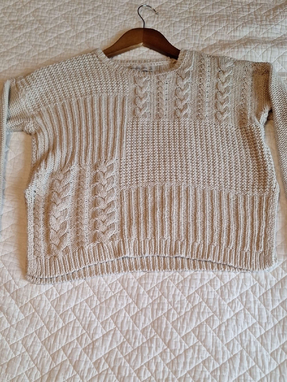Abercrombie & Fitch Patchwork Cable Crewneck Sweater - Cream
